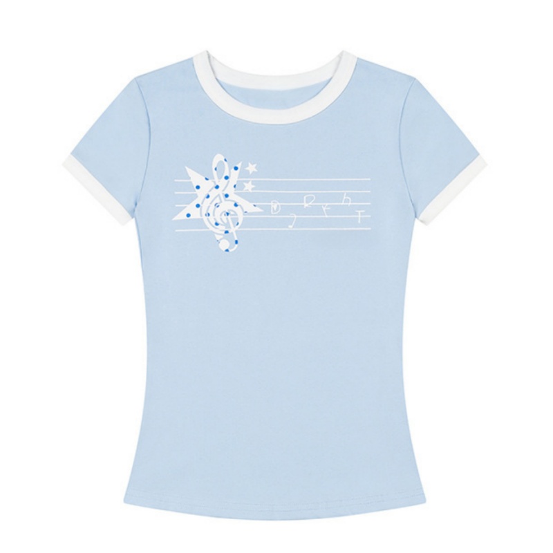 Color-Block Musical Note Print T-Shirt — Lake Blue