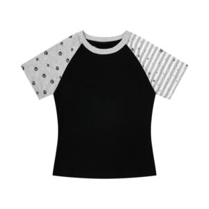Cat Paw & Star-Stripe T-Shirt — Grey & Black Colorblock
